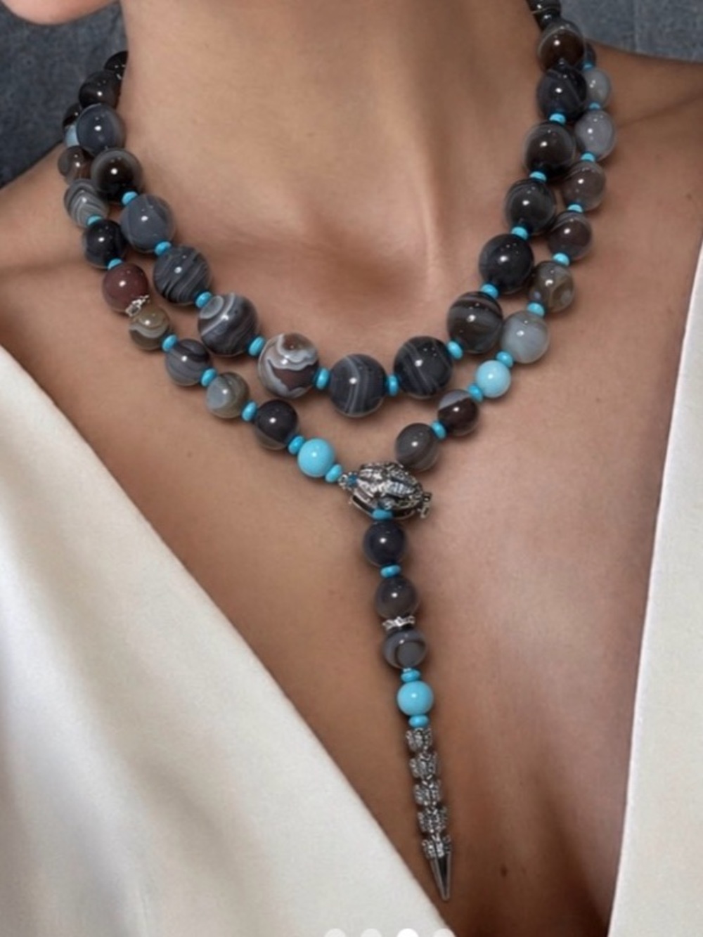 Beaded Pendant Necklace in natural gray agate & turquoise